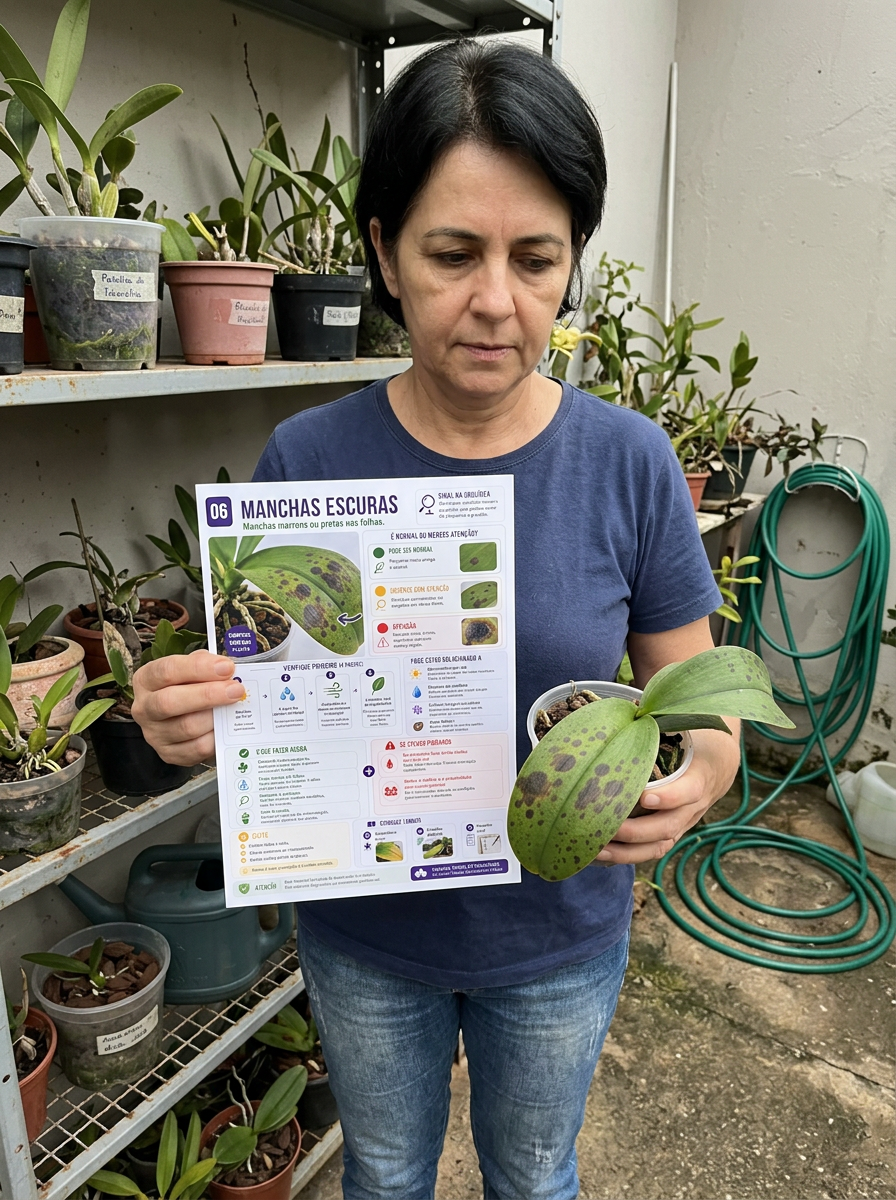 Mulher consultando a ficha junto à sua orquídea