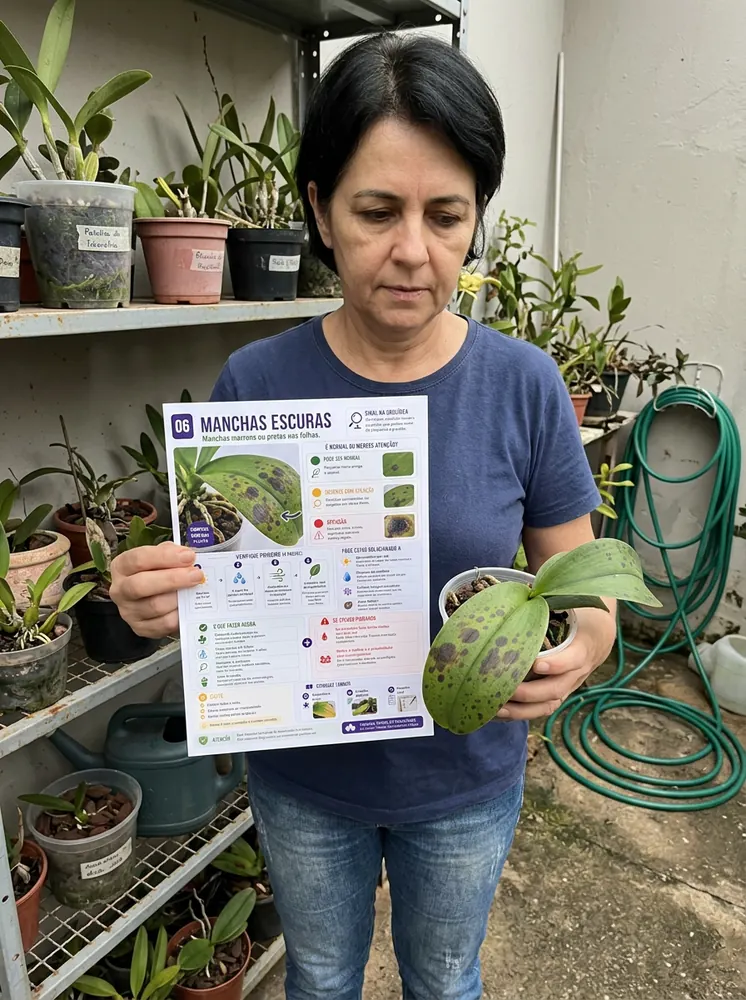 Mulher consultando a ficha junto à sua orquídea